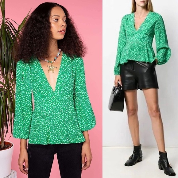 RIXO Emerald Floral Silk Chiffon Puff Long Sleeve V-Neck Ruffle Peplum Top M - Picture 1 of 13